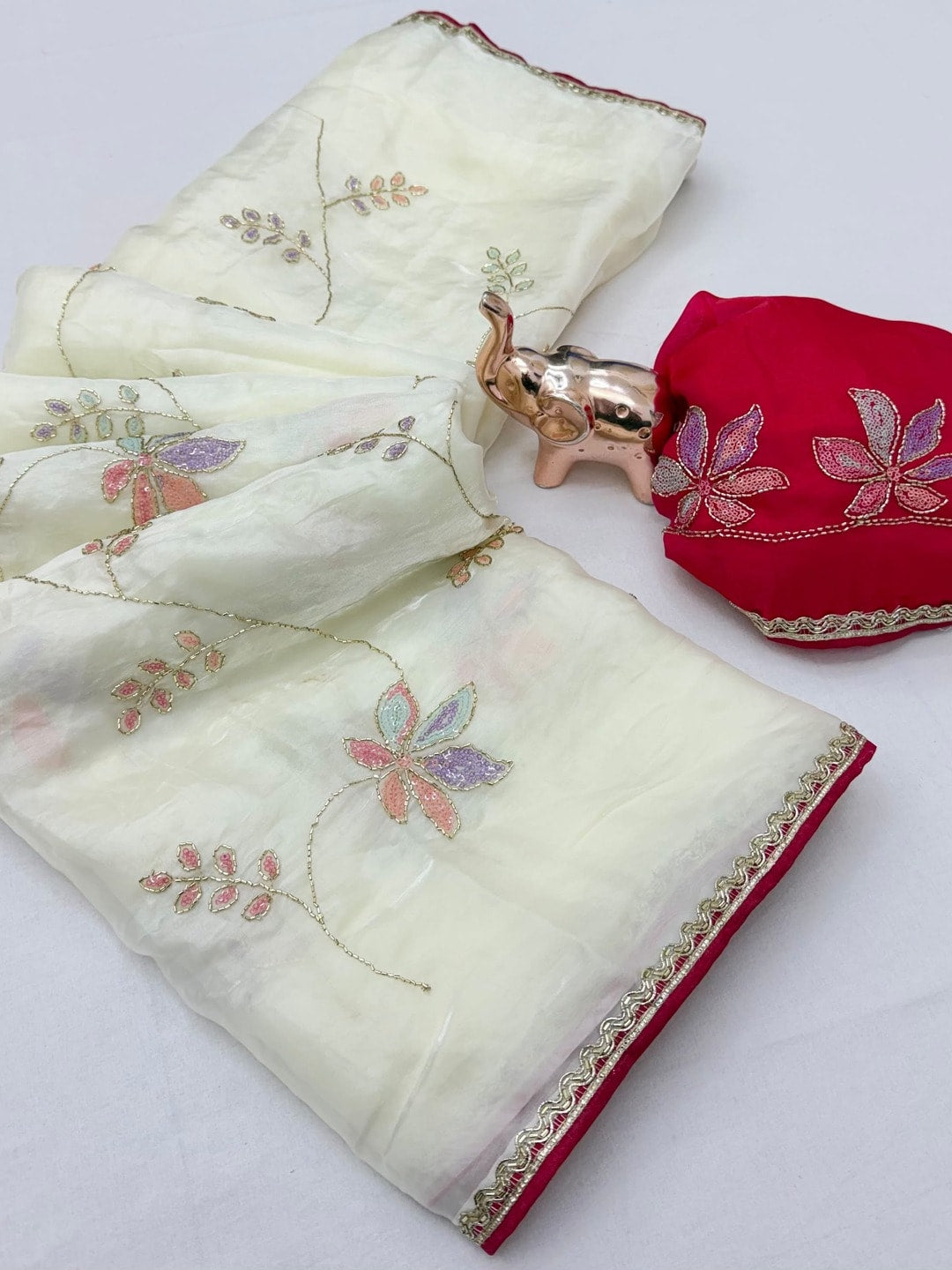 Peachmode Cream Frendy Satin Saree With Floral Sequin Embroidery And Lace Border - Image 3