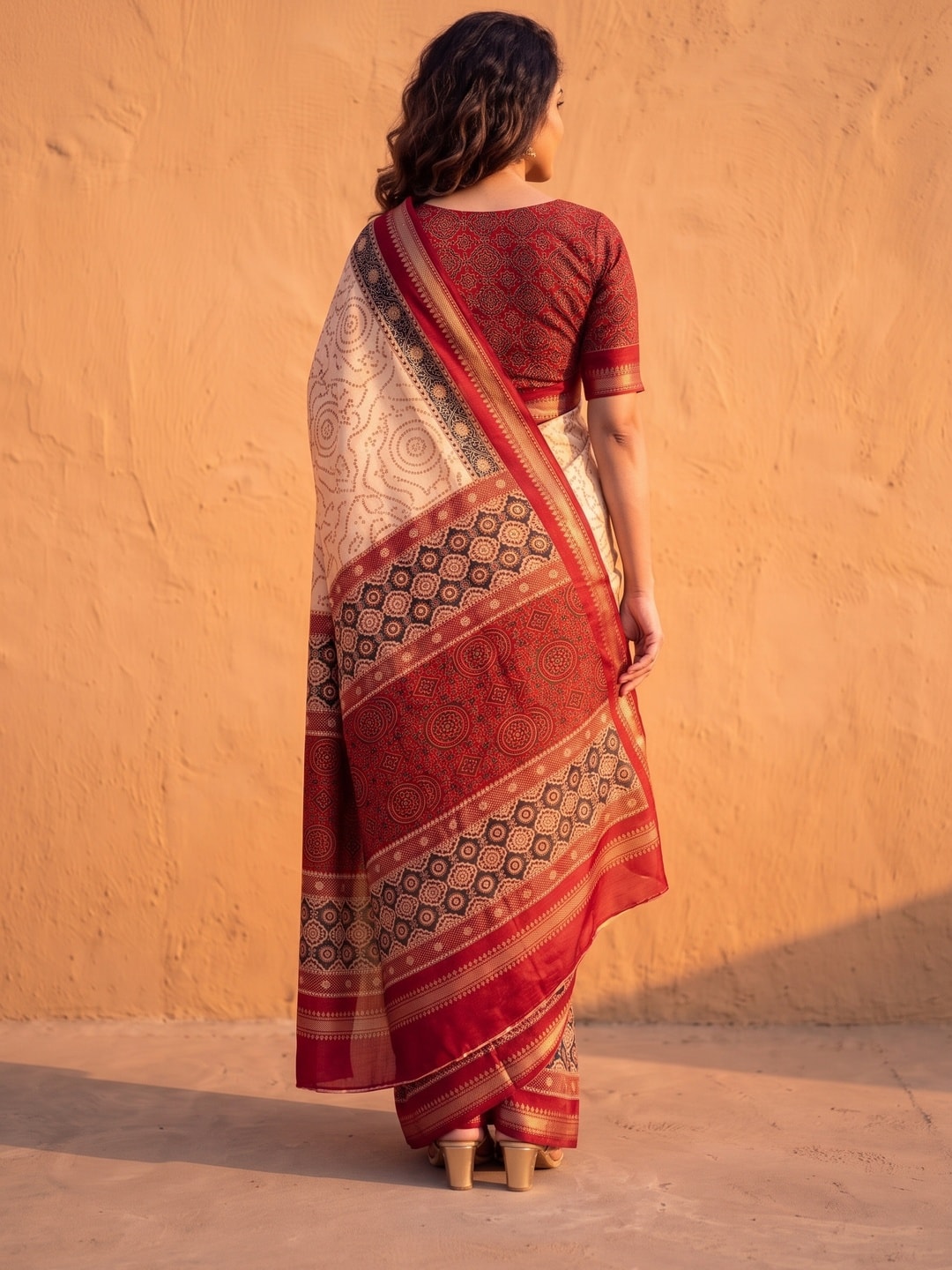 Peachmode Red Marshmallow Saree With Kalamkari Print And Woven Jacquard Border - Image 2