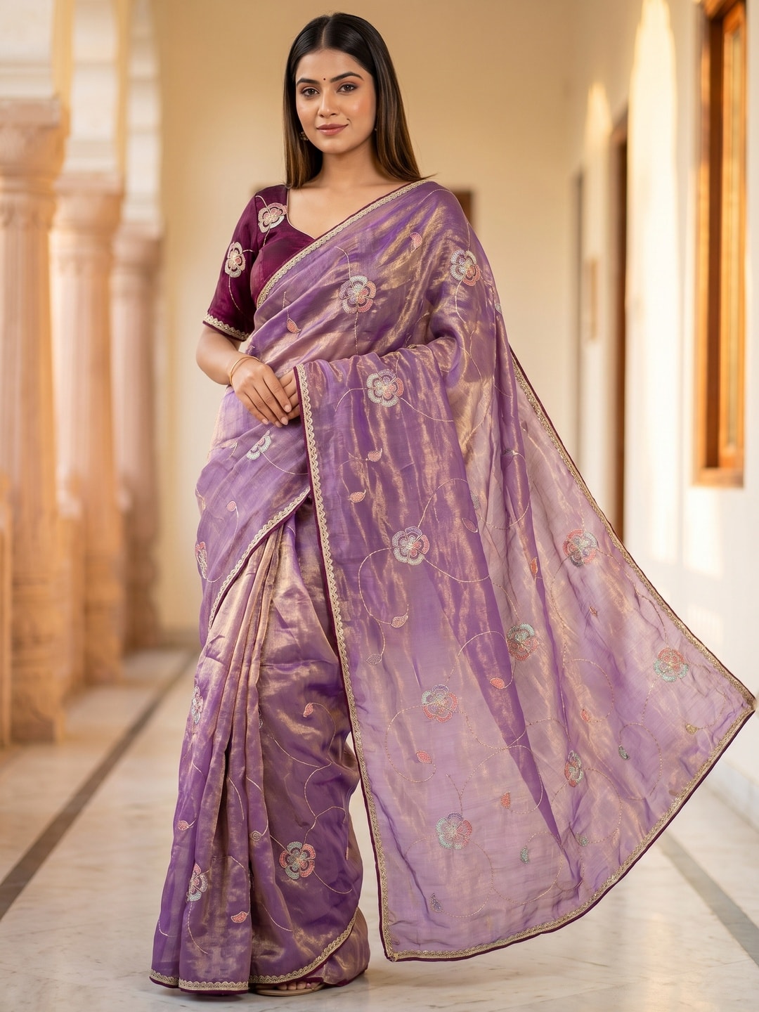 Peachmode Purple Frendy Satin Saree With Floral Sequin Embroidery And Lace Border - Image 1