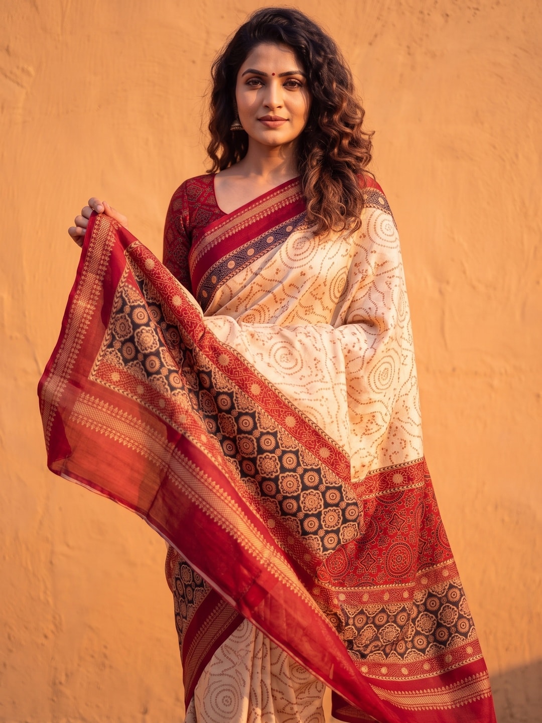 Peachmode Red Marshmallow Saree With Kalamkari Print And Woven Jacquard Border - Image 3
