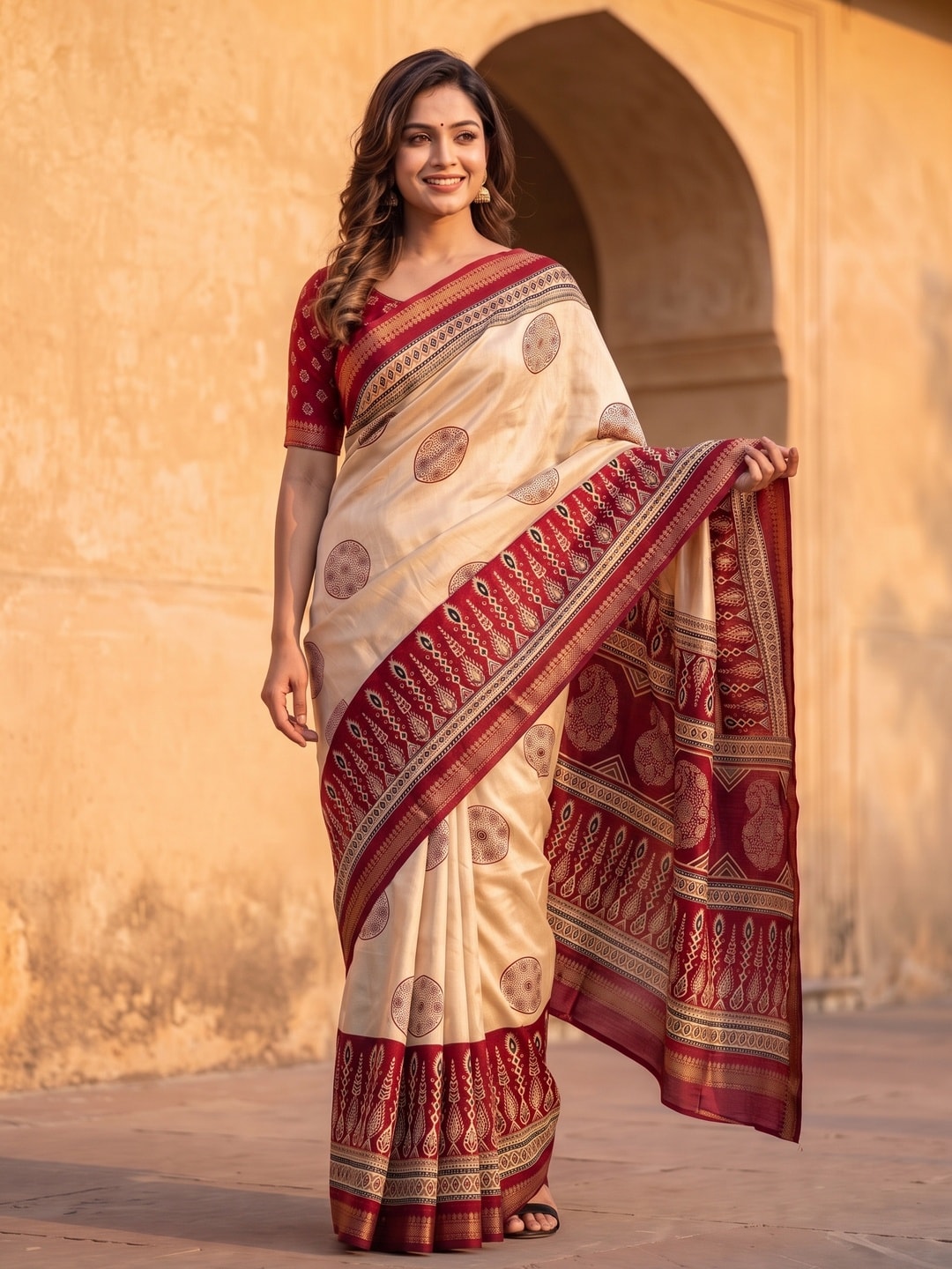 Peachmode Red Marshmallow Saree With Kalamkari Print And Woven Jacquard Border - Image 1