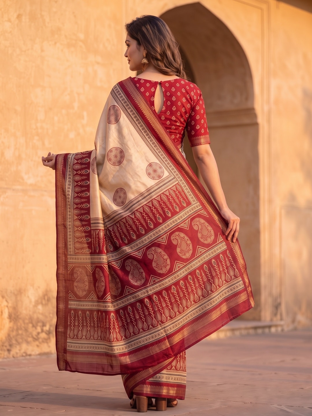 Peachmode Red Marshmallow Saree With Kalamkari Print And Woven Jacquard Border - Image 2