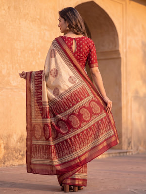 Peachmode Red Marshmallow Saree With Kalamkari Print And Woven Jacquard Border - Image 2