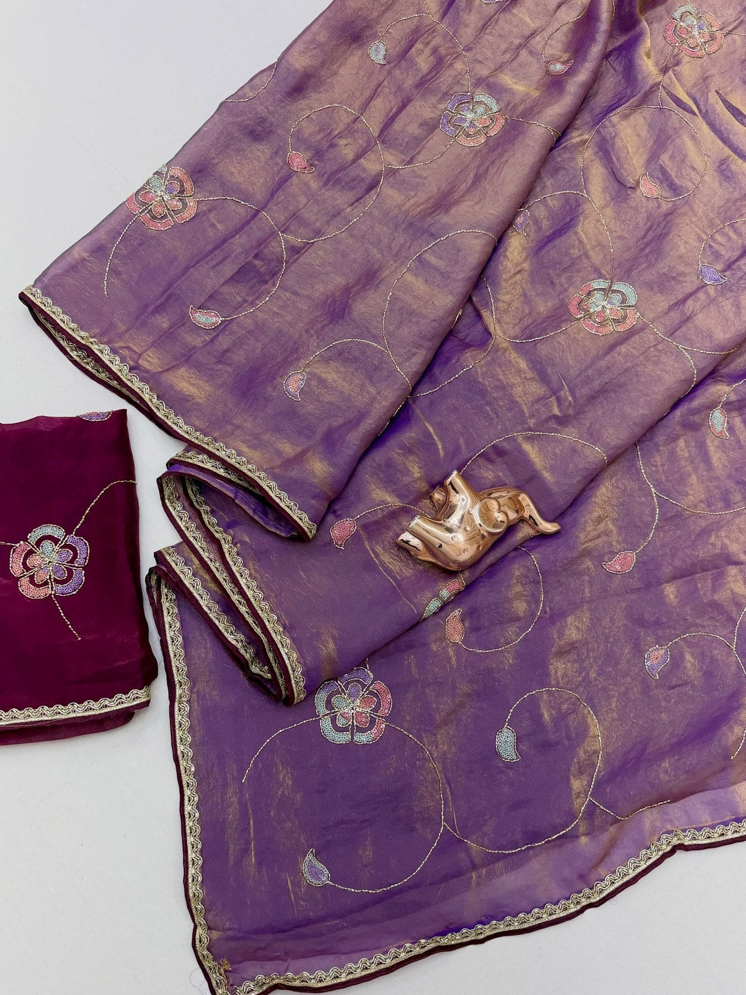 Peachmode Purple Frendy Satin Saree With Floral Sequin Embroidery And Lace Border - Image 3