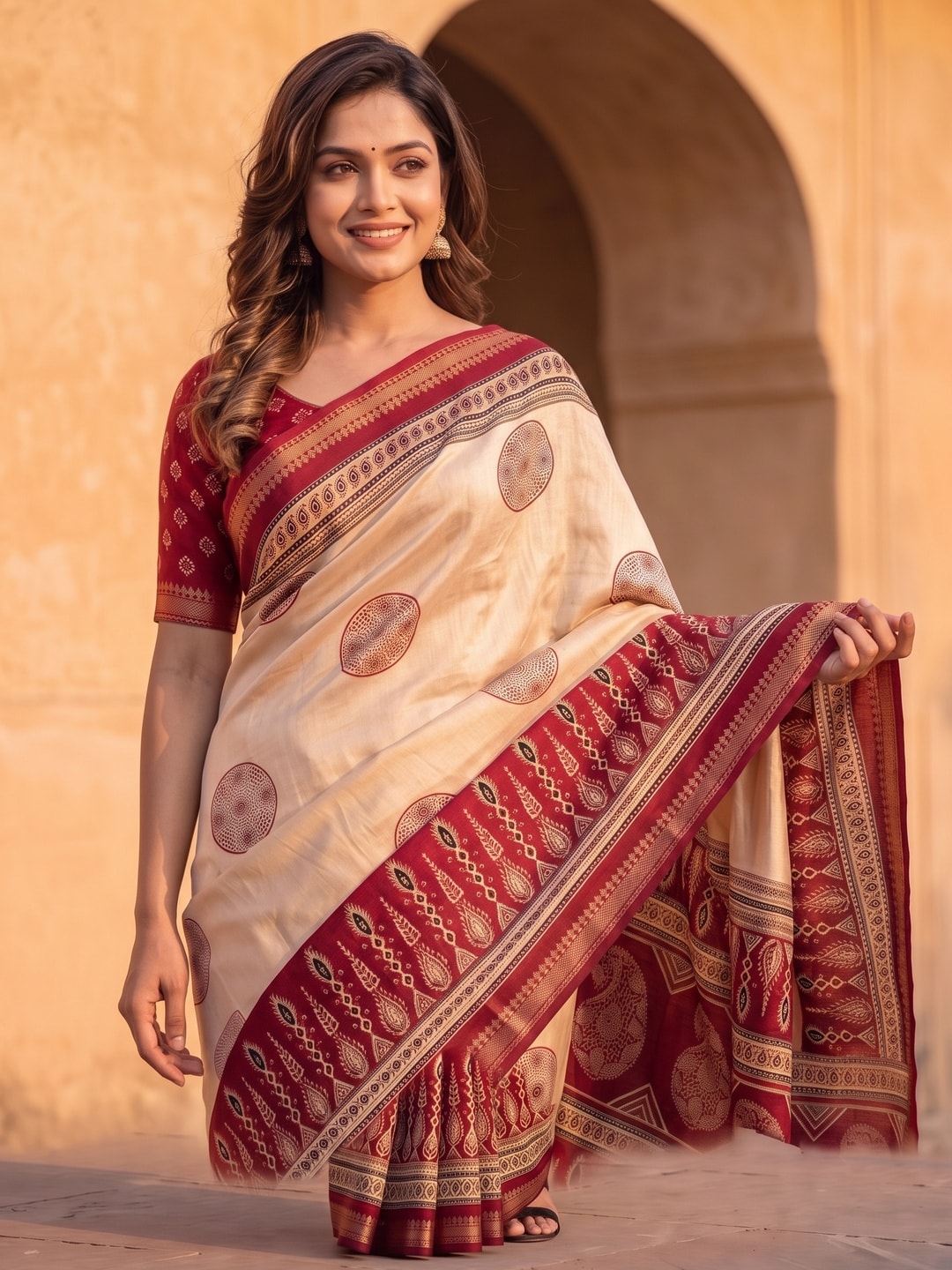 Peachmode Red Marshmallow Saree With Kalamkari Print And Woven Jacquard Border - Image 3