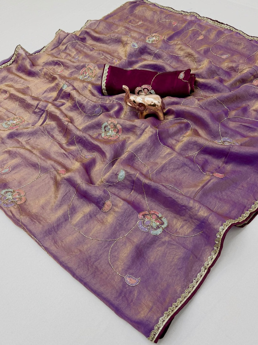 Peachmode Purple Frendy Satin Saree With Floral Sequin Embroidery And Lace Border - Image 5