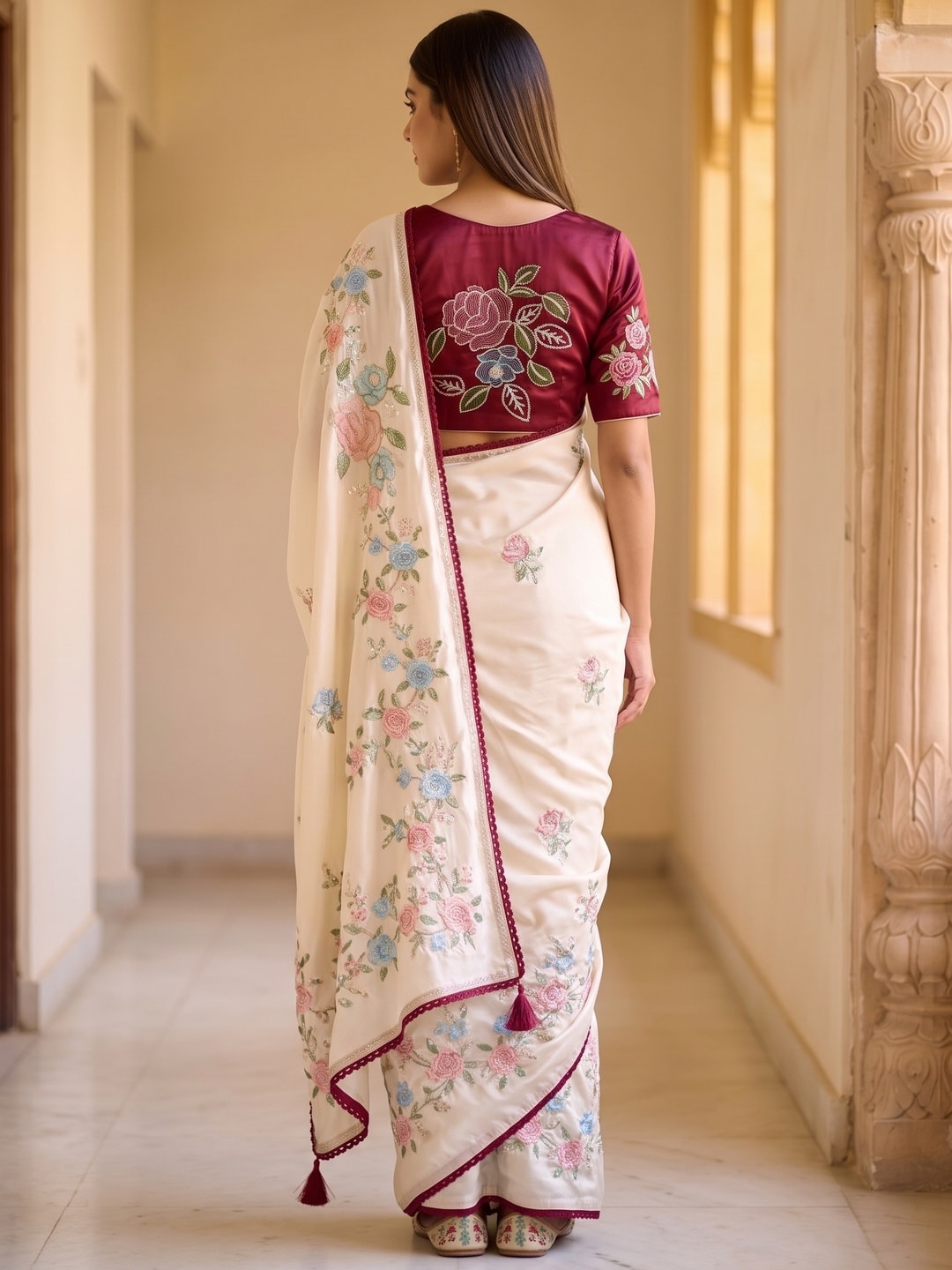 Peachmode Cream Frendy Satin Saree With Floral Sequin Embroidery And Lace Border - Image 2