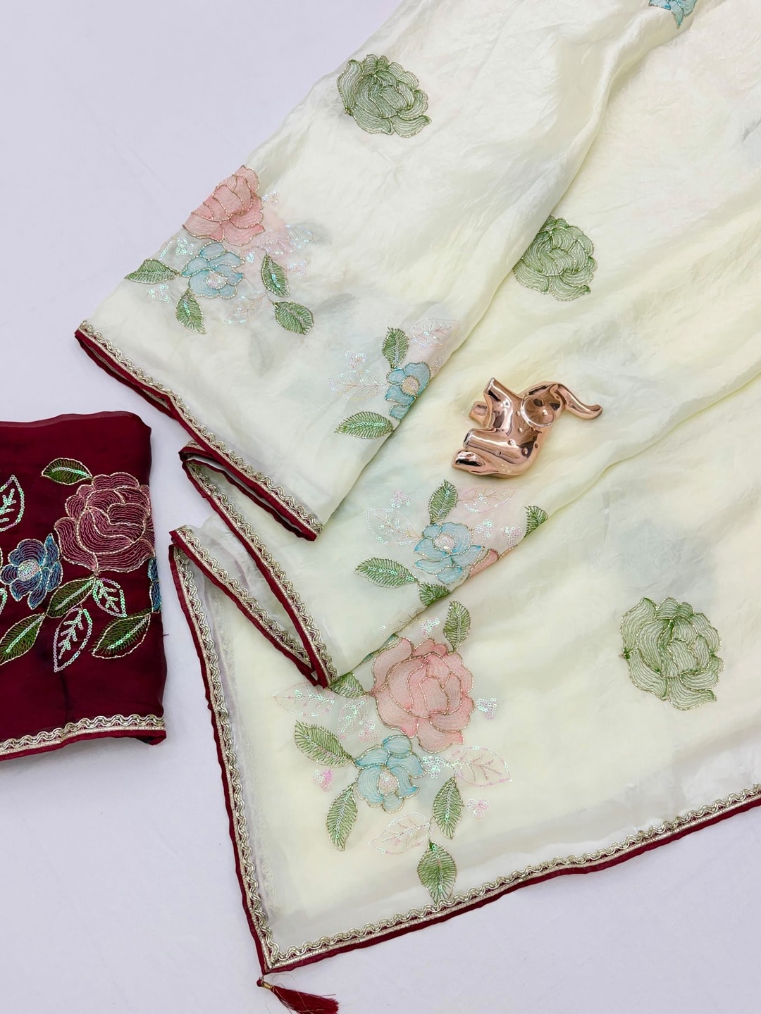 Peachmode Cream Frendy Satin Saree With Floral Sequin Embroidery And Lace Border - Image 3