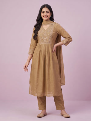 Peachmode Tan Chanderi Floral Embroidered Yoke Salwar Suit - Image 1