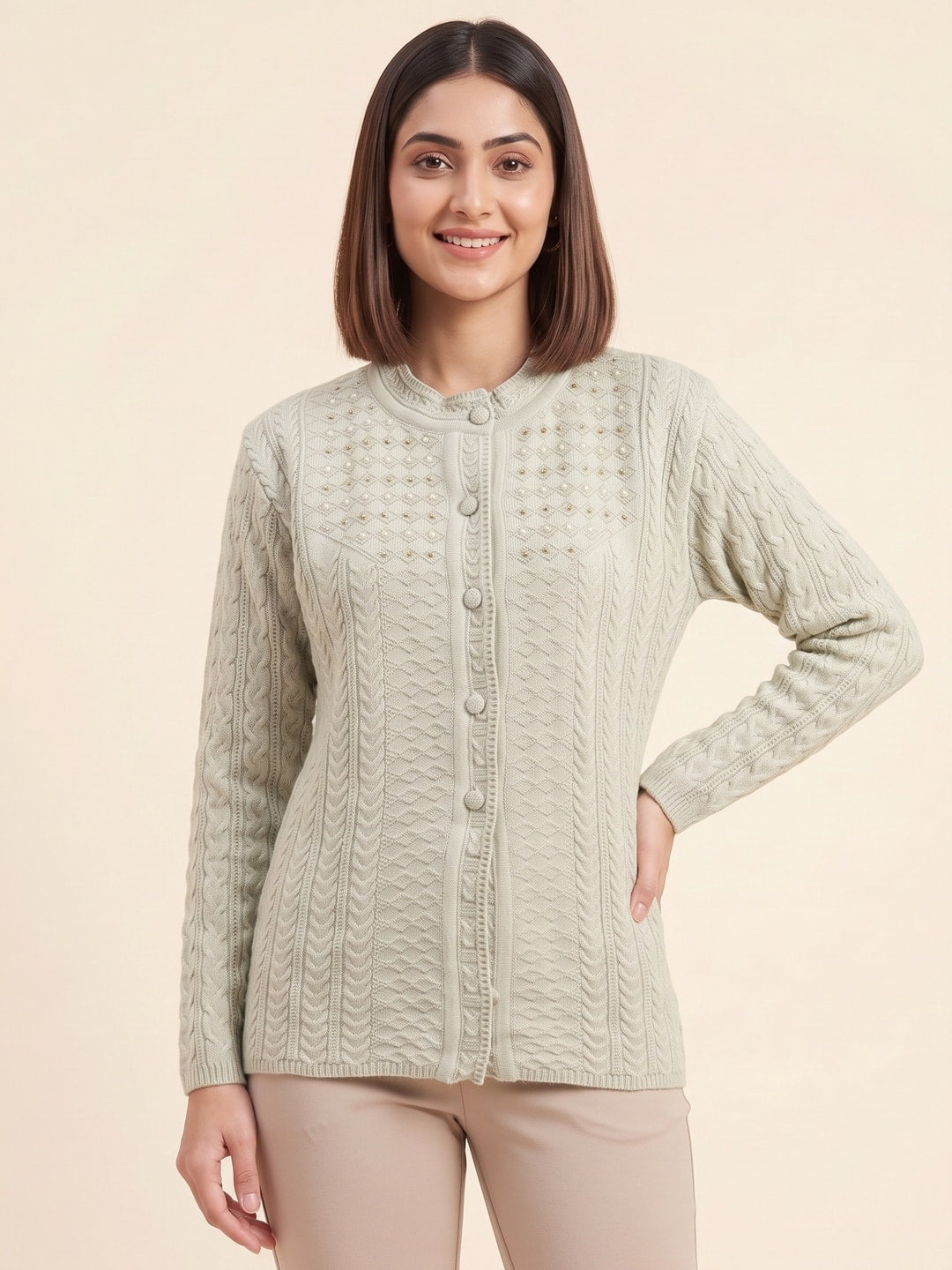 Peachmode Green Woolen Cardigan - Image 1