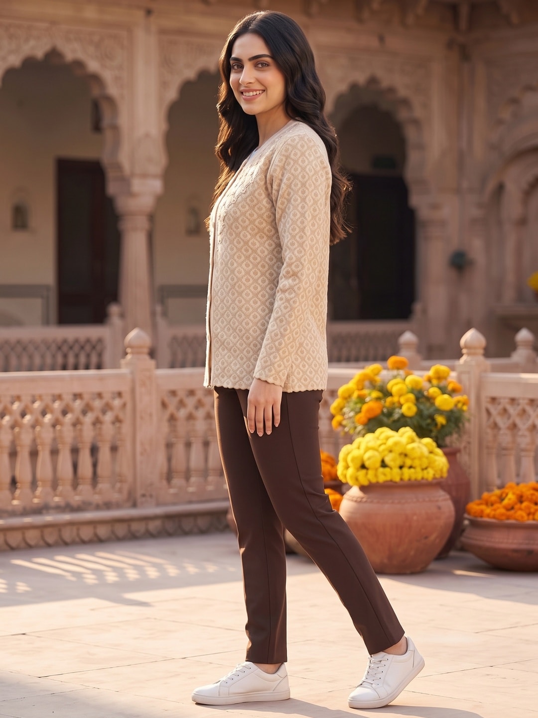 Peachmode Beige Woolen Cardigan - Image 3