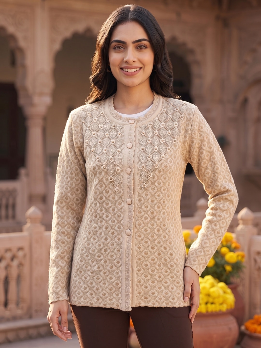 Peachmode Beige Woolen Cardigan - Image 5
