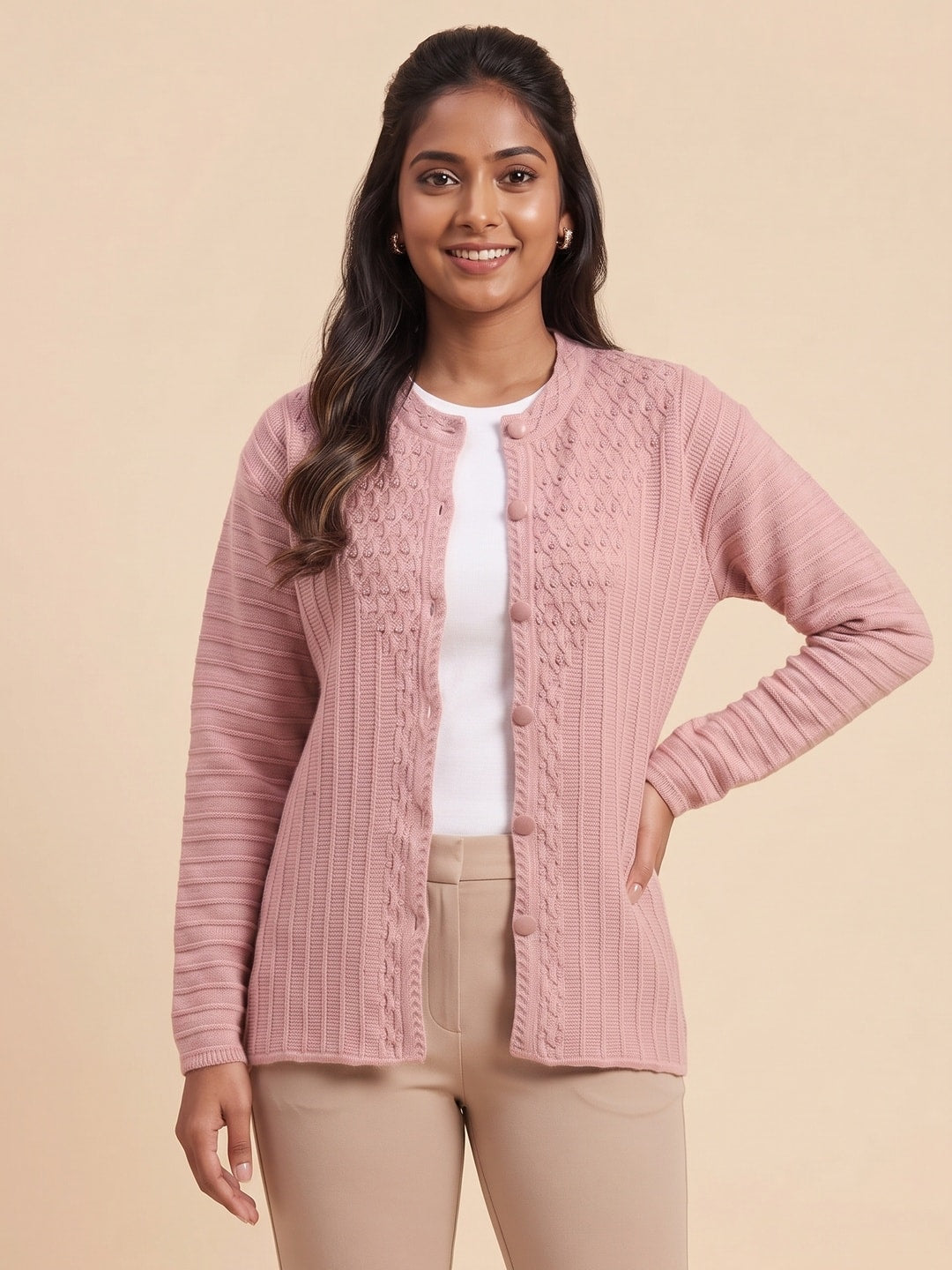 Peachmode Pink Woolen Cardigan - Image 1