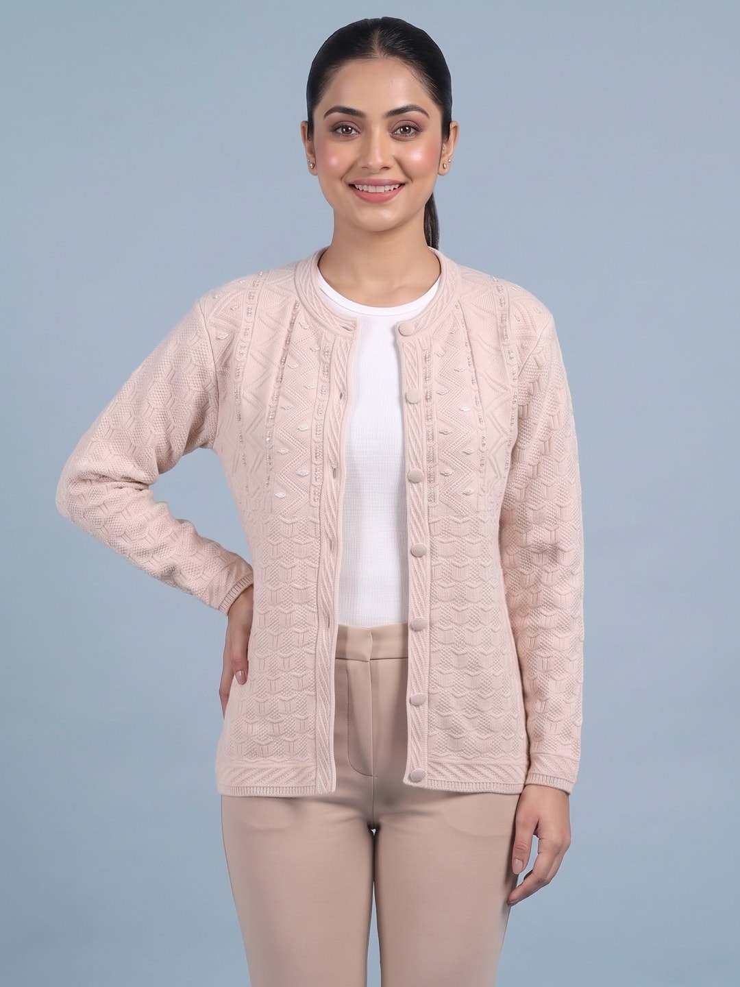 Peachmode Beige Woolen Cardigan - Image 1