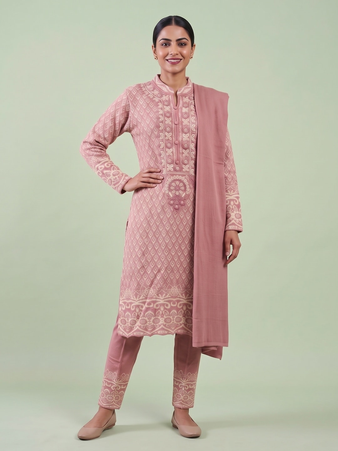 Peachmode Pink Woolen Salwar Suit - Image 1