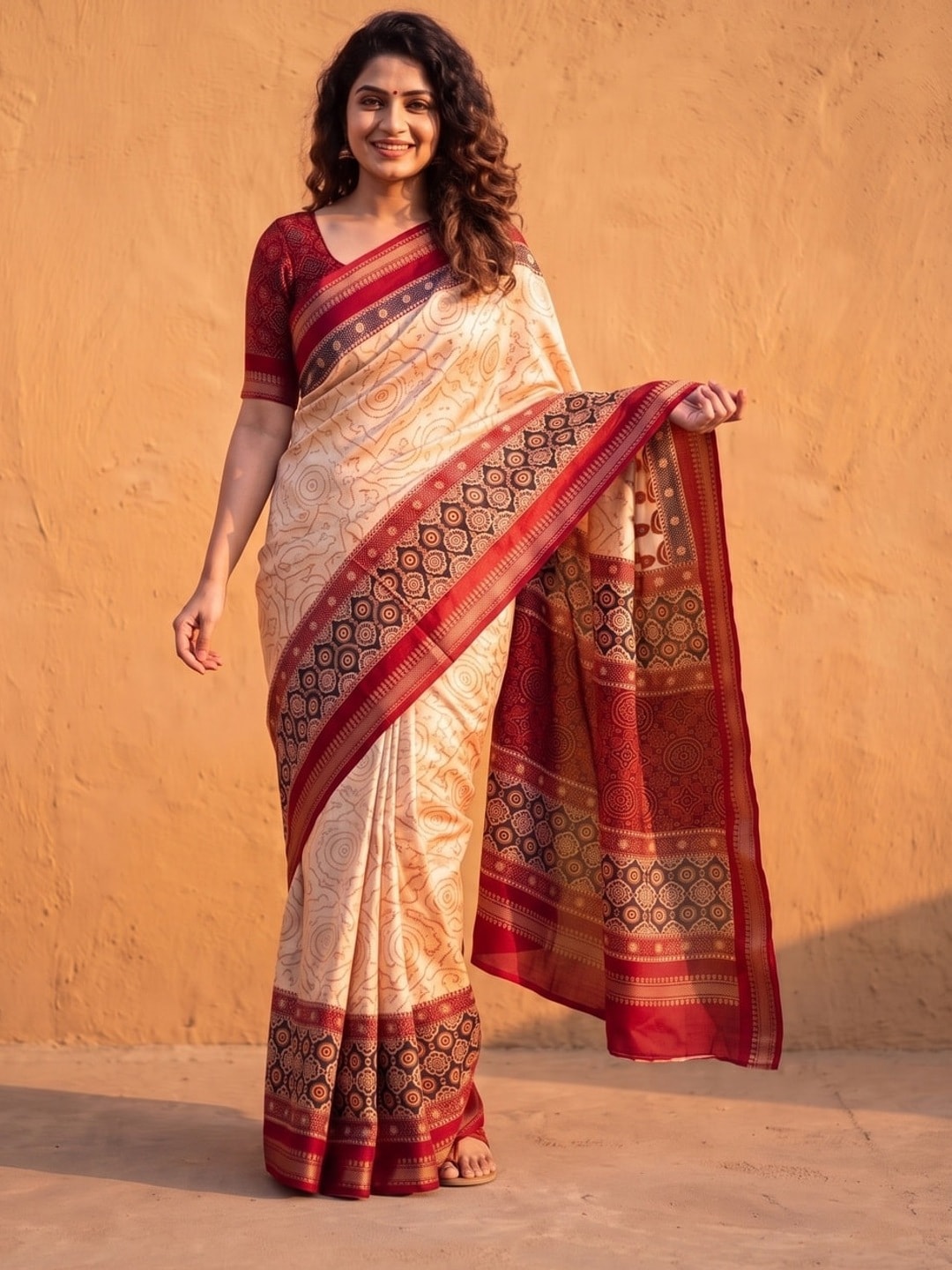 Peachmode Red Marshmallow Saree With Kalamkari Print And Woven Jacquard Border - Image 1