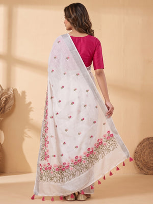 Peachmode White Floral Embroidered Linen Saree - Image 2