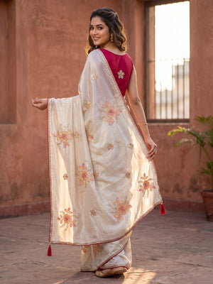 Peachmode Beige Rangoli Silk Saree With Multi Thread Floral Clusters, Magic Sequence And Lace Edge - Image 2