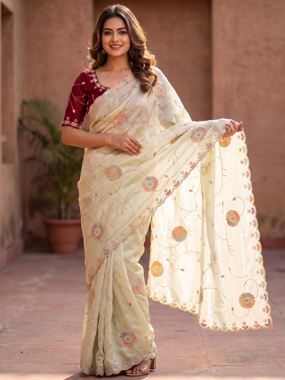 Peachmode Beige Rangoli Silk Saree With Multi Thread Floral Embroidery, Magic Sequence And Lace Edge - Image 1