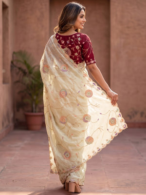 Peachmode Beige Rangoli Silk Saree With Multi Thread Floral Embroidery, Magic Sequence And Lace Edge - Image 2