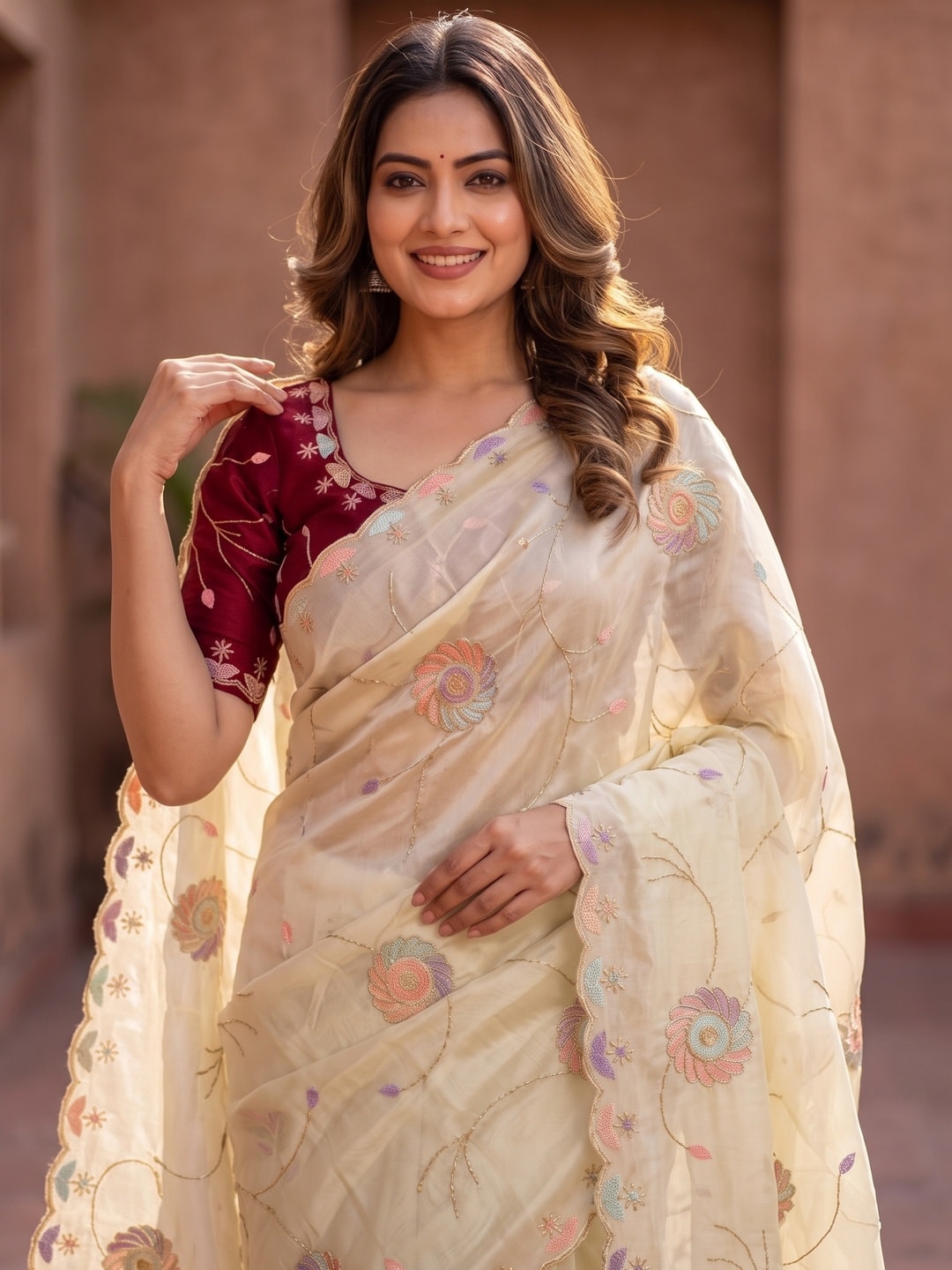 Peachmode Beige Rangoli Silk Saree With Multi Thread Floral Embroidery, Magic Sequence And Lace Edge - Image 3