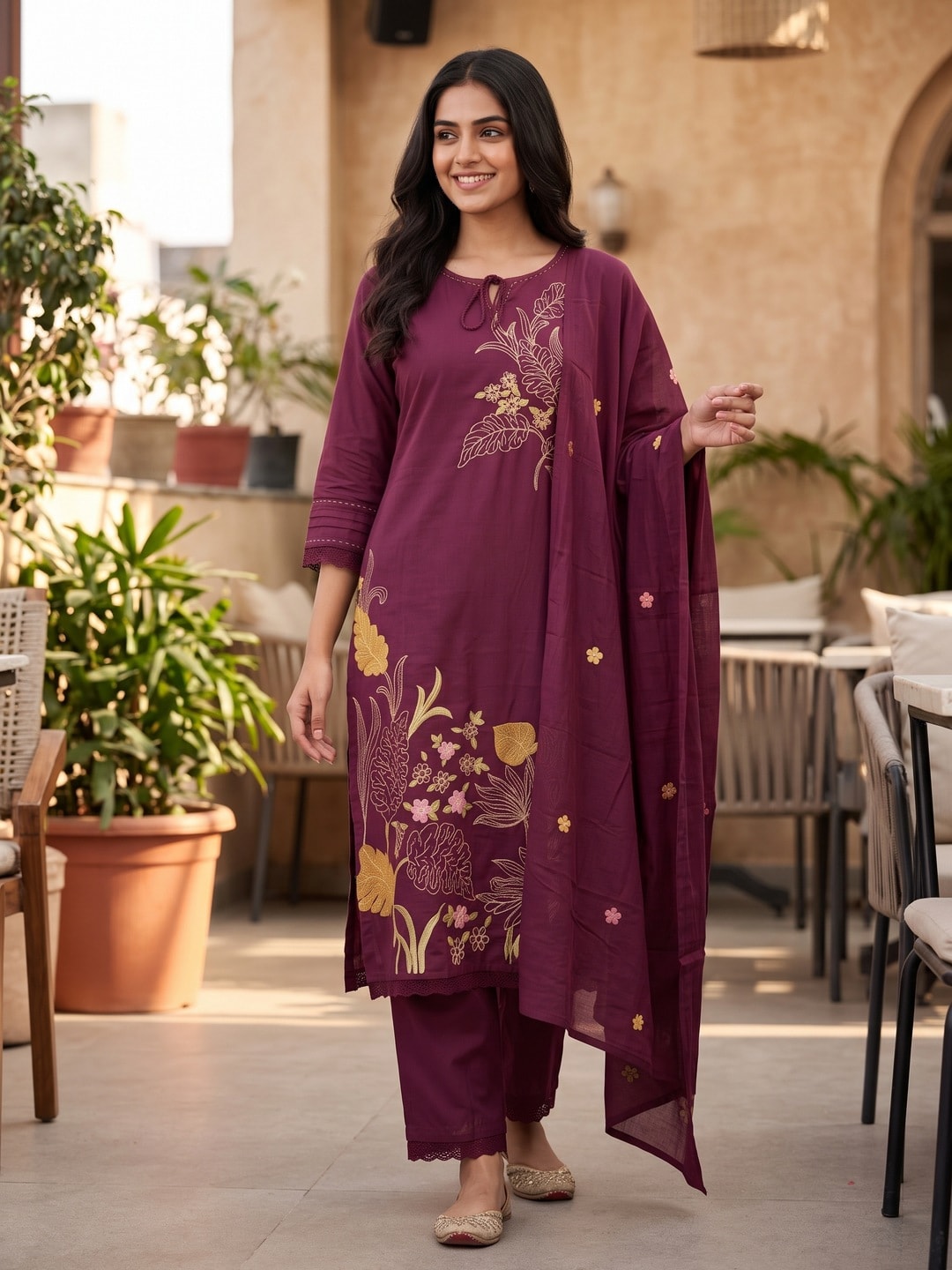 Peachmode Wine Cotton Floral Embroidered Salwar Suit - Image 2