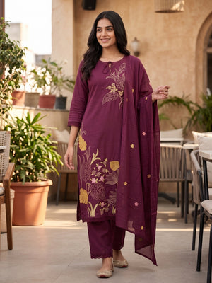 Peachmode Wine Cotton Floral Embroidered Salwar Suit - Image 2