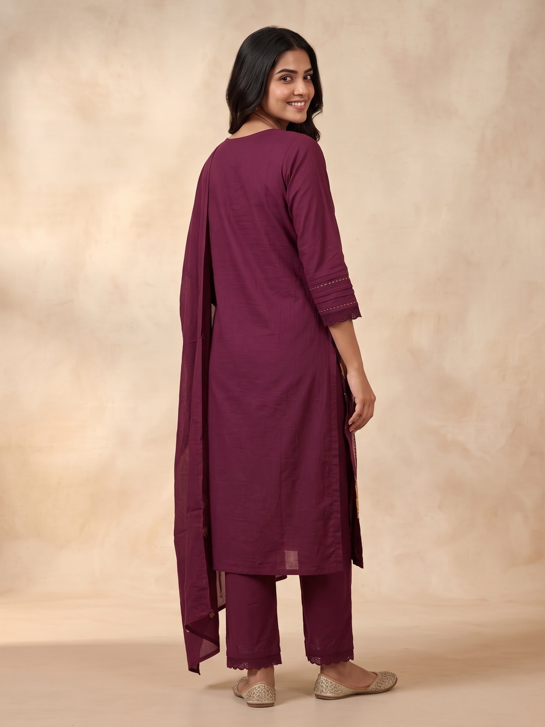 Peachmode Wine Cotton Floral Embroidered Salwar Suit - Image 4