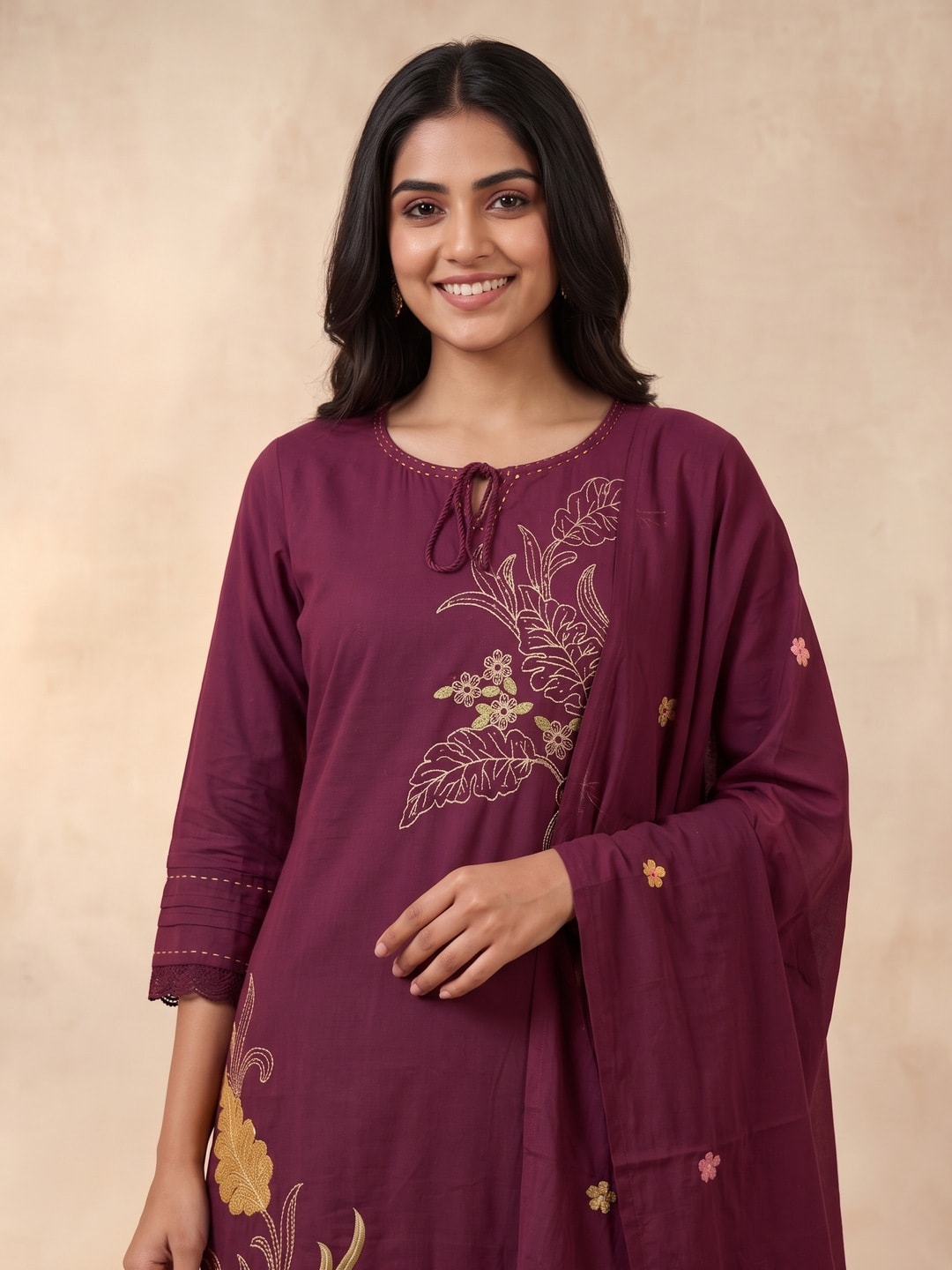 Peachmode Wine Cotton Floral Embroidered Salwar Suit - Image 5