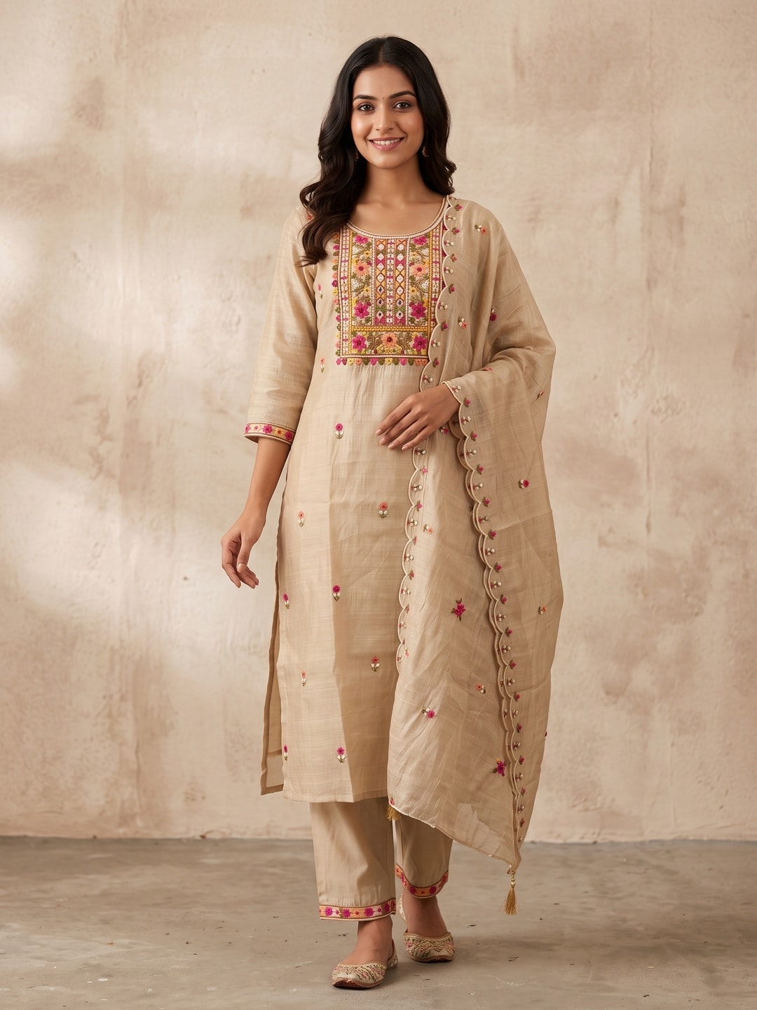 Peachmode Beige Chanderi Silk Embroidered Yoke Salwar Suit - Image 1