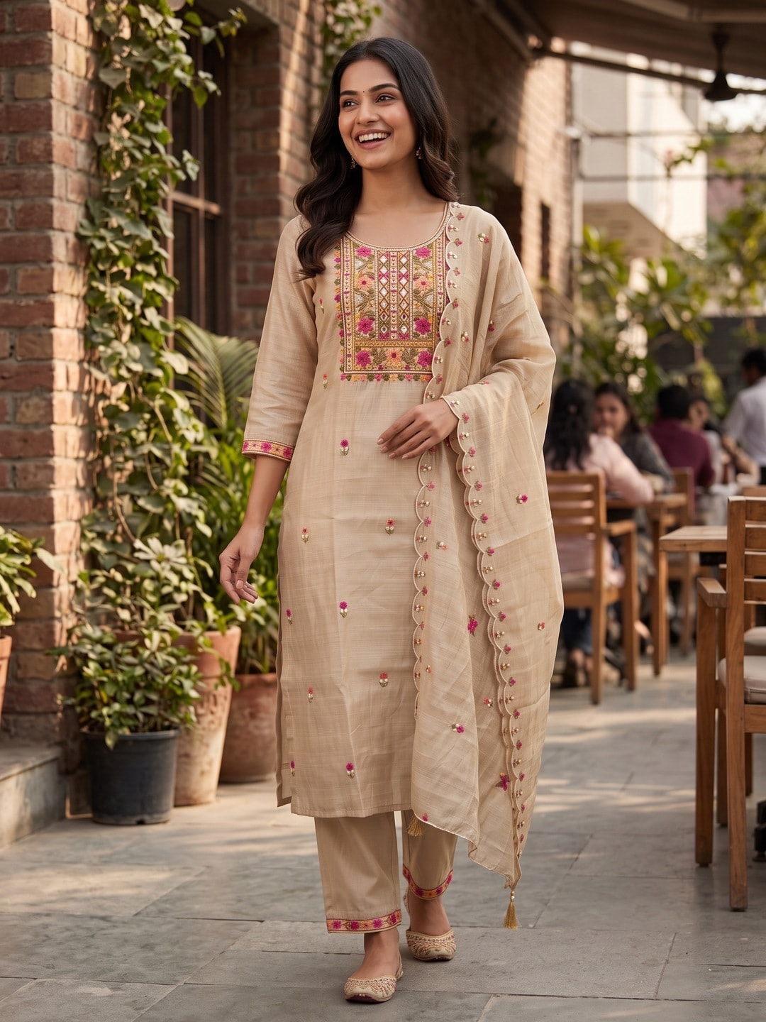 Peachmode Beige Chanderi Silk Embroidered Yoke Salwar Suit - Image 2