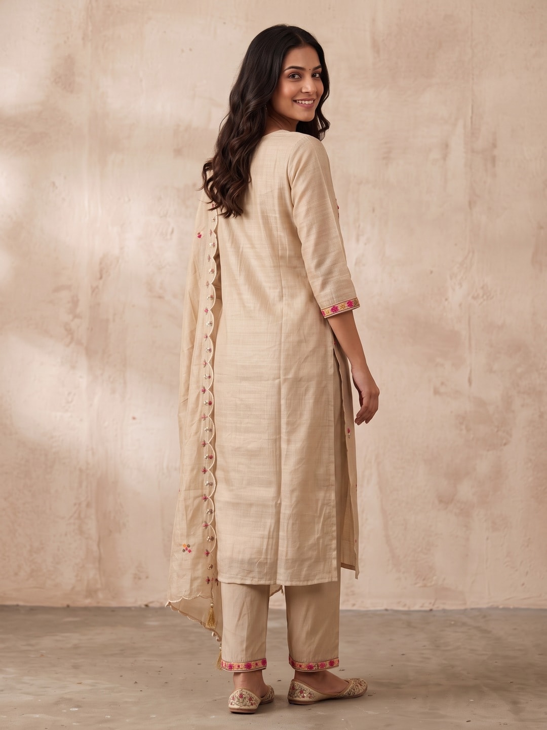 Peachmode Beige Chanderi Silk Embroidered Yoke Salwar Suit - Image 4