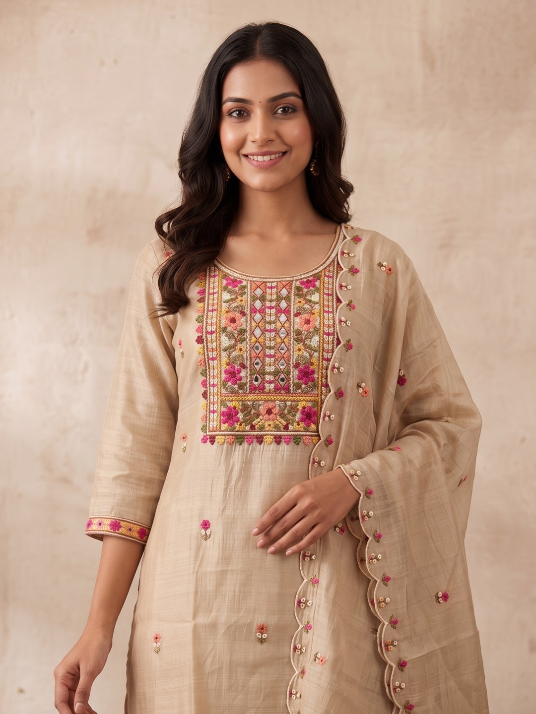 Peachmode Beige Chanderi Silk Embroidered Yoke Salwar Suit - Image 5