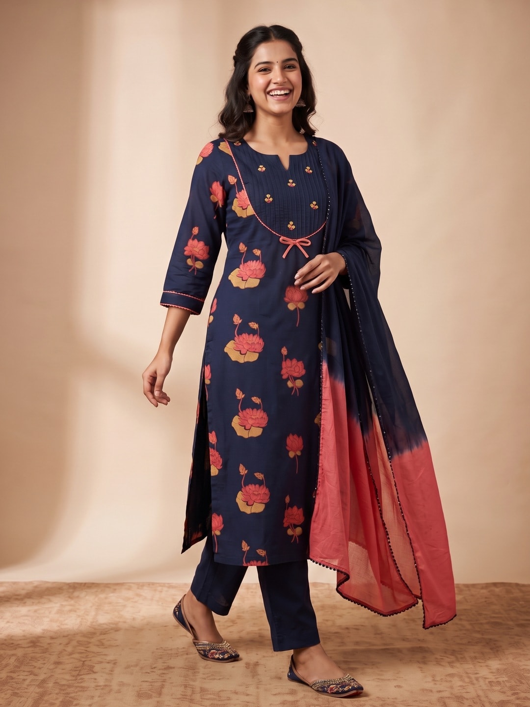 Peachmode Navy Blue Pure Cotton Lotus Printed Salwar Suit Set - Image 1