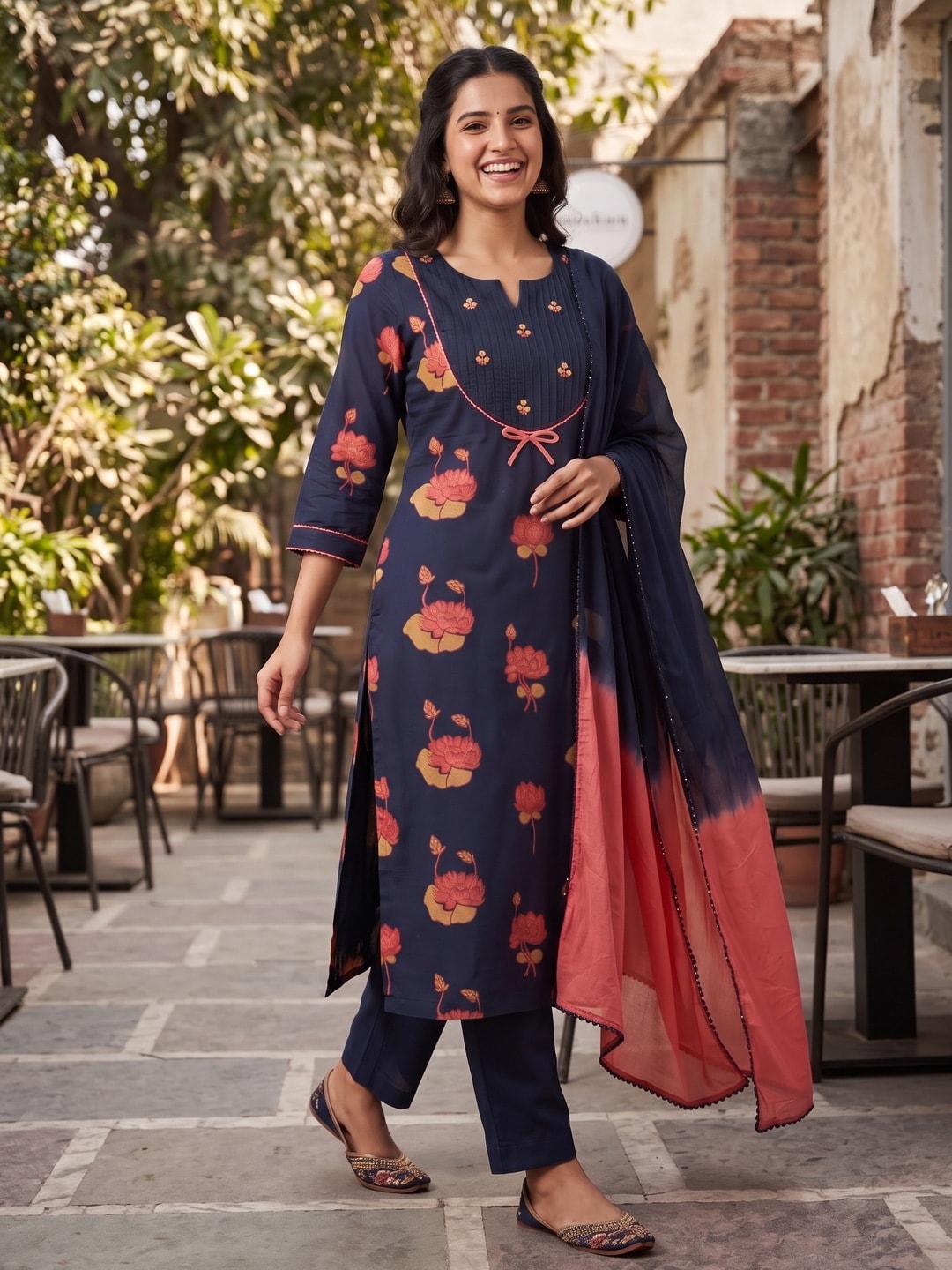 Peachmode Navy Blue Pure Cotton Lotus Printed Salwar Suit Set - Image 2