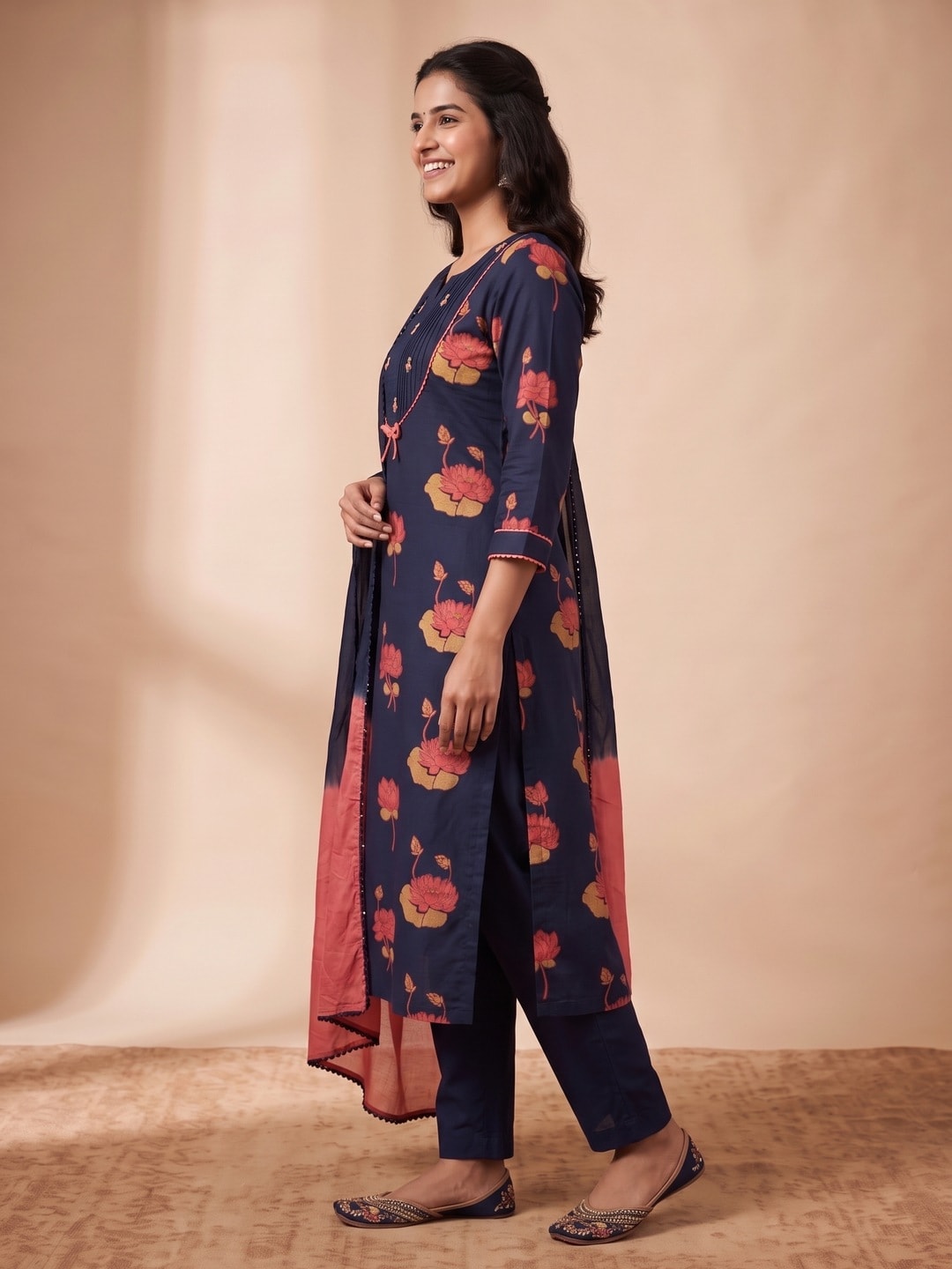 Peachmode Navy Blue Pure Cotton Lotus Printed Salwar Suit Set - Image 3