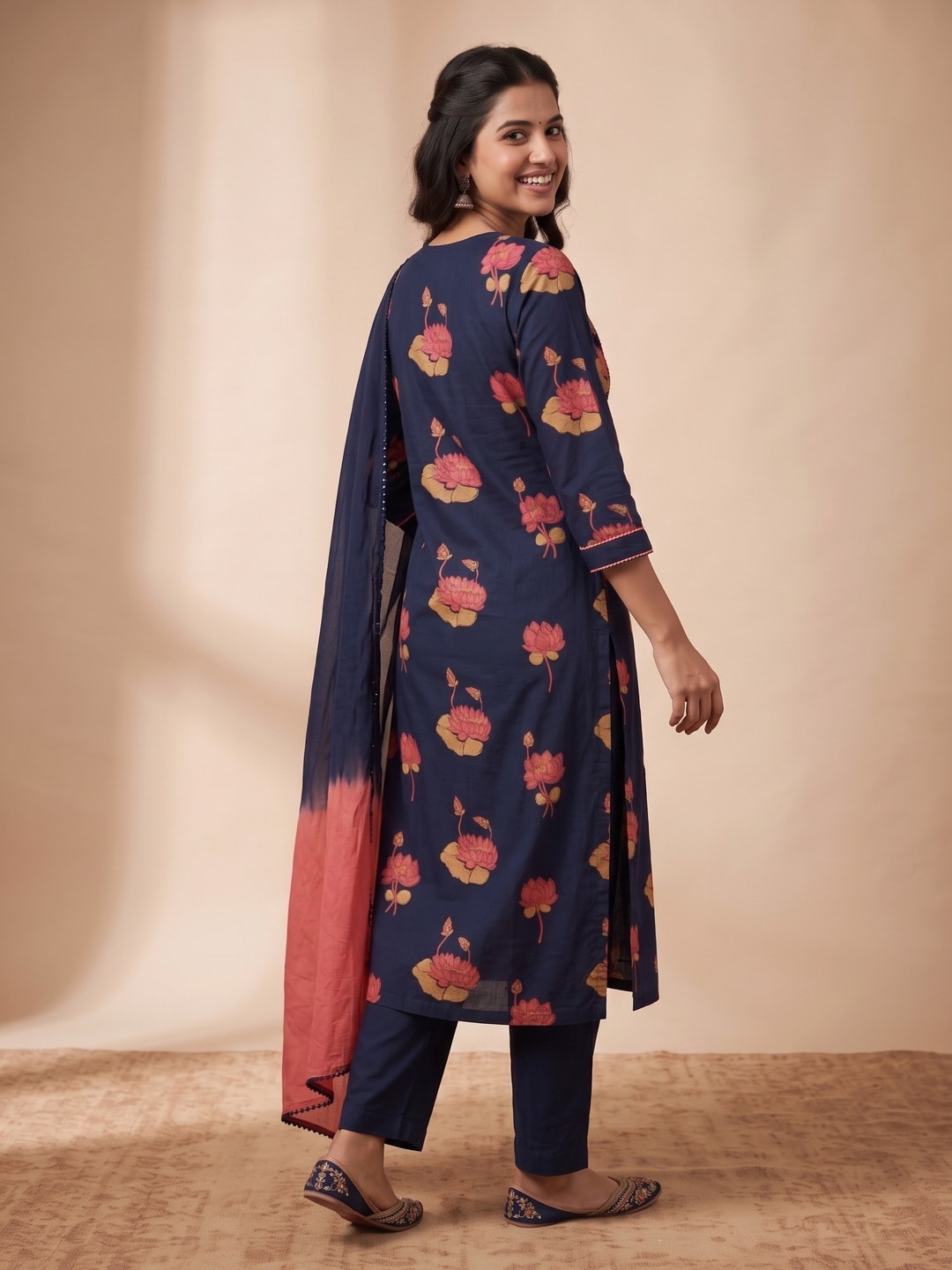 Peachmode Navy Blue Pure Cotton Lotus Printed Salwar Suit Set - Image 4