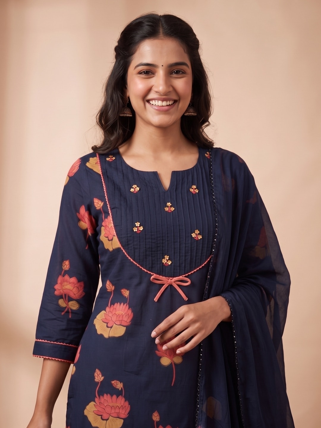 Peachmode Navy Blue Pure Cotton Lotus Printed Salwar Suit Set - Image 5