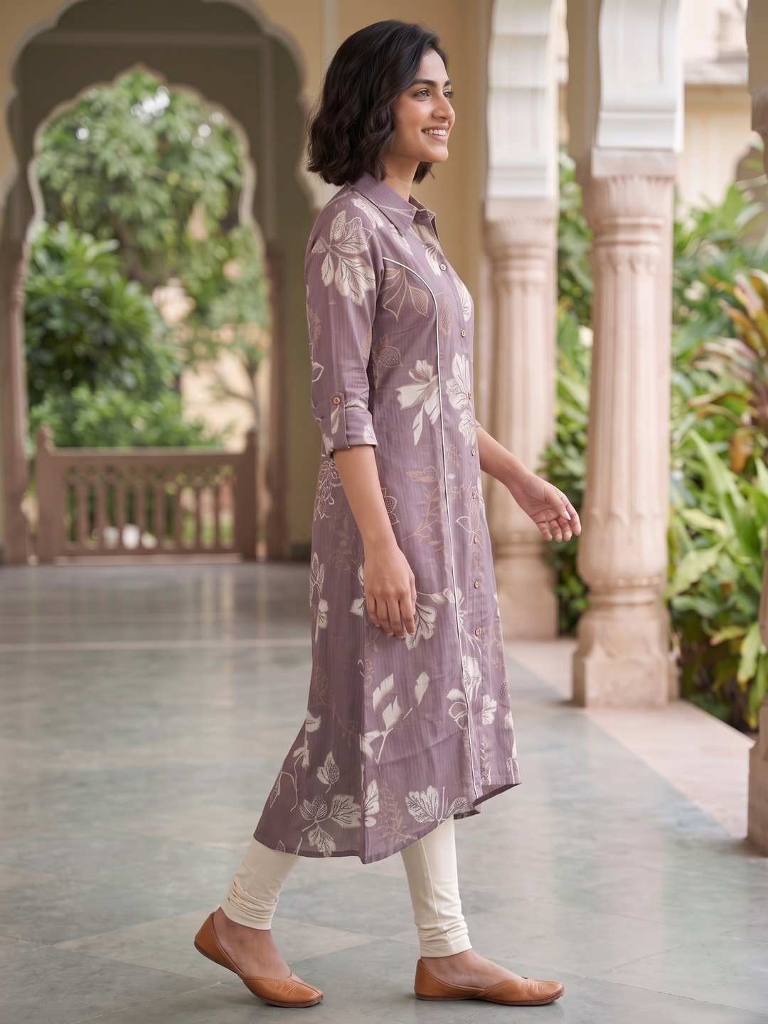 Peachmode Lavender Floral Print Viscose Blend Shirt Kurti - Image 3