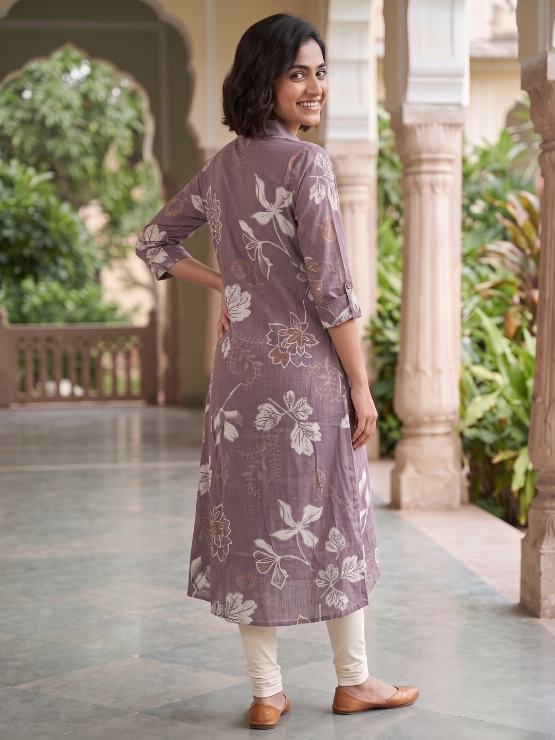 Peachmode Lavender Floral Print Viscose Blend Shirt Kurti - Image 4