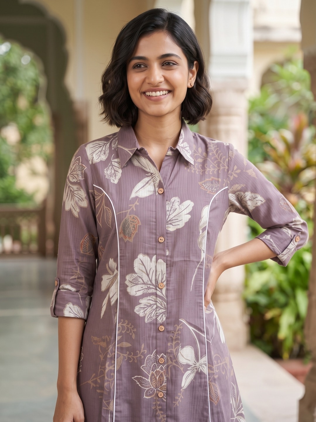 Peachmode Lavender Floral Print Viscose Blend Shirt Kurti - Image 5
