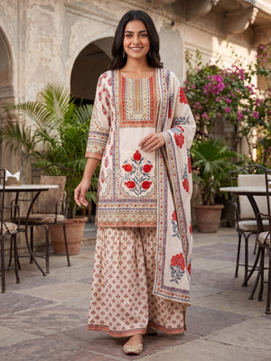 Peachmode Off White Pure Cotton Floral Printed Salwar Suit Set - Image 2
