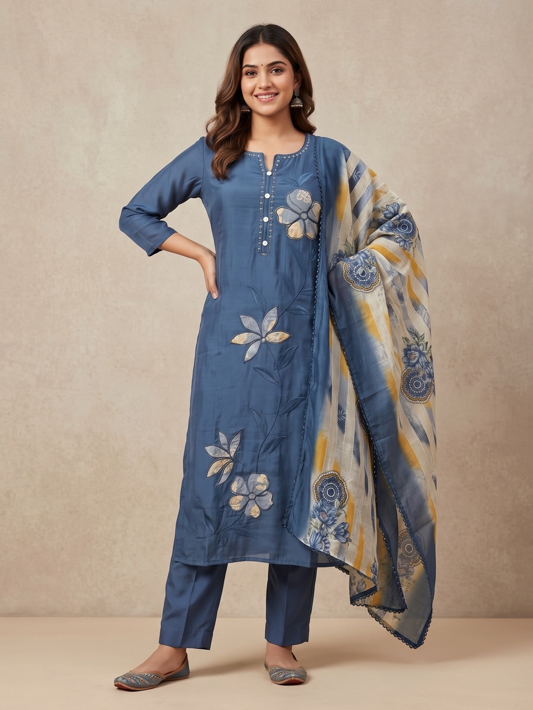 Peachmode Blue Mul Chanderi Applique Floral Salwar Suit - Image 1