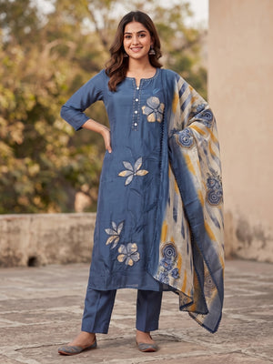 Peachmode Blue Mul Chanderi Applique Floral Salwar Suit - Image 2