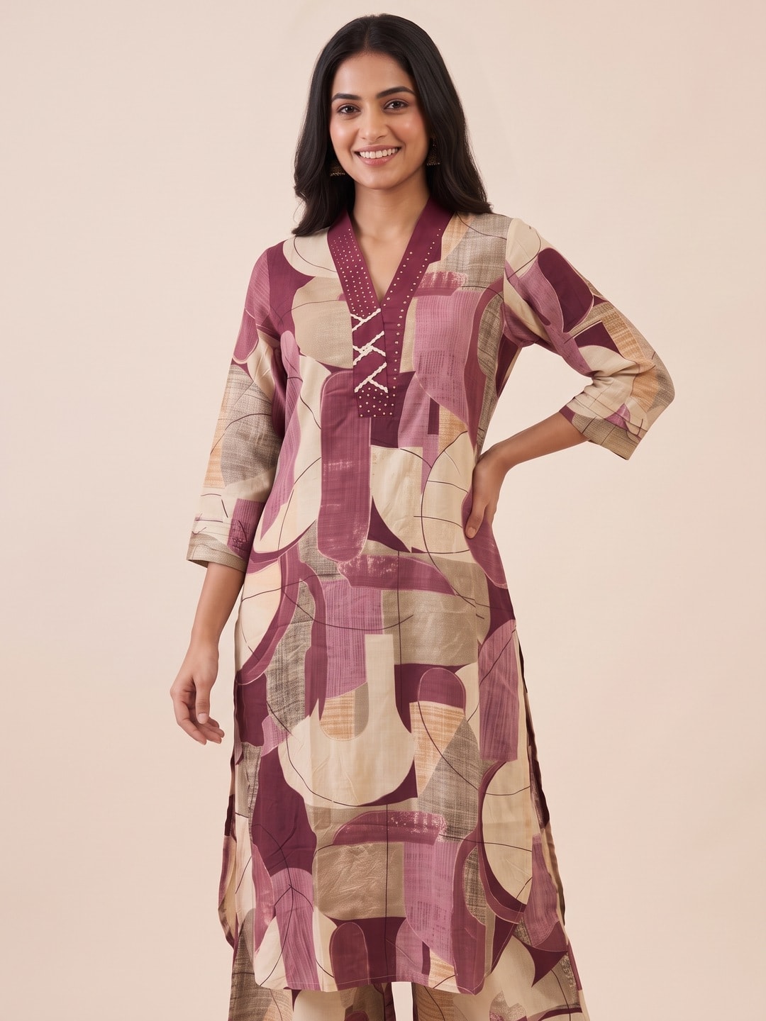 Peachmode Wine Rayon Abstract Printed Co-ord Set - Image 1
