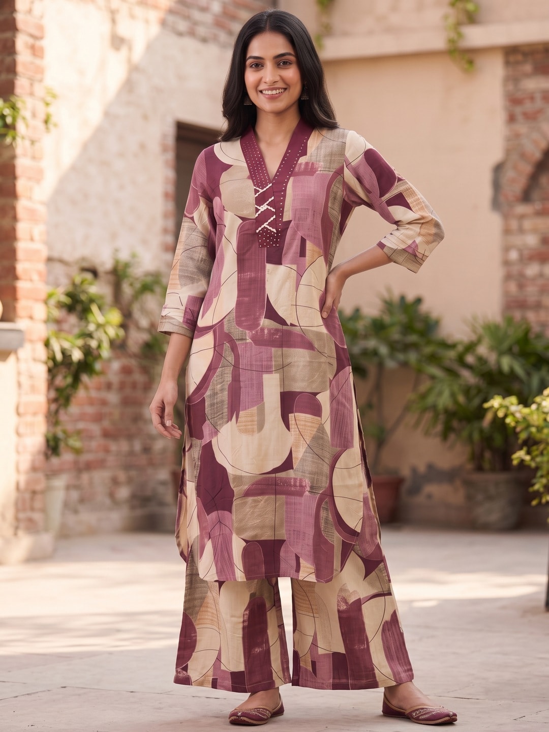 Peachmode Wine Rayon Abstract Printed Co-ord Set - Image 2
