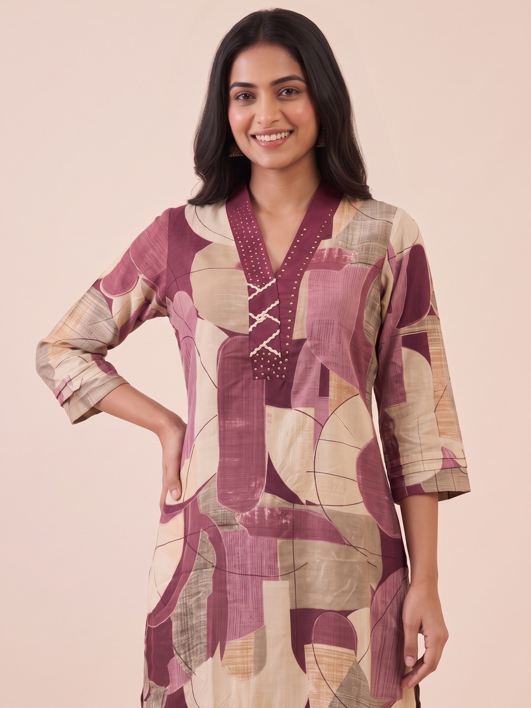 Peachmode Wine Rayon Abstract Printed Co-ord Set - Image 5