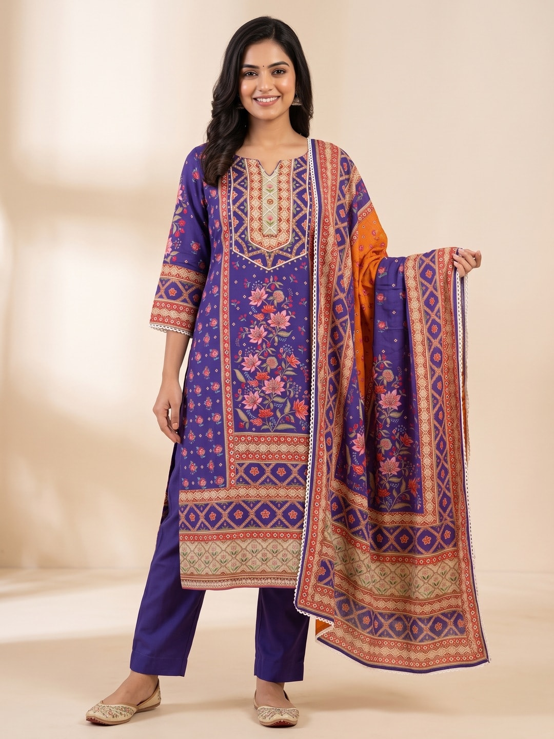 Peachmode Blue Muslin Printed Salwar Suit With Embroidered Yoke - Image 1