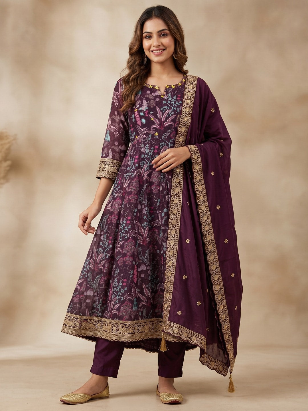 Peachmode Wine Chinon Blend Printed Anarkali Salwar Suit With Embroidered Dupatta - Image 1