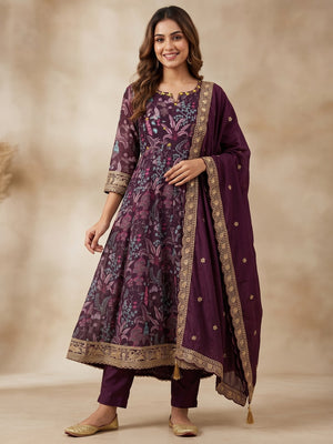 Peachmode Wine Chinon Blend Printed Anarkali Salwar Suit With Embroidered Dupatta - Image 1